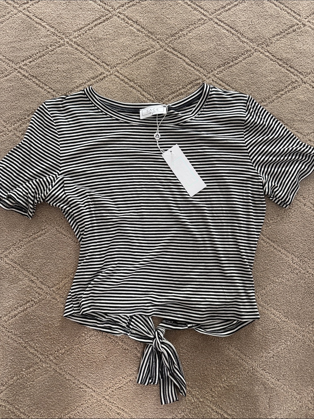 Sage Black & White Striped Tie-Front Crop Tee